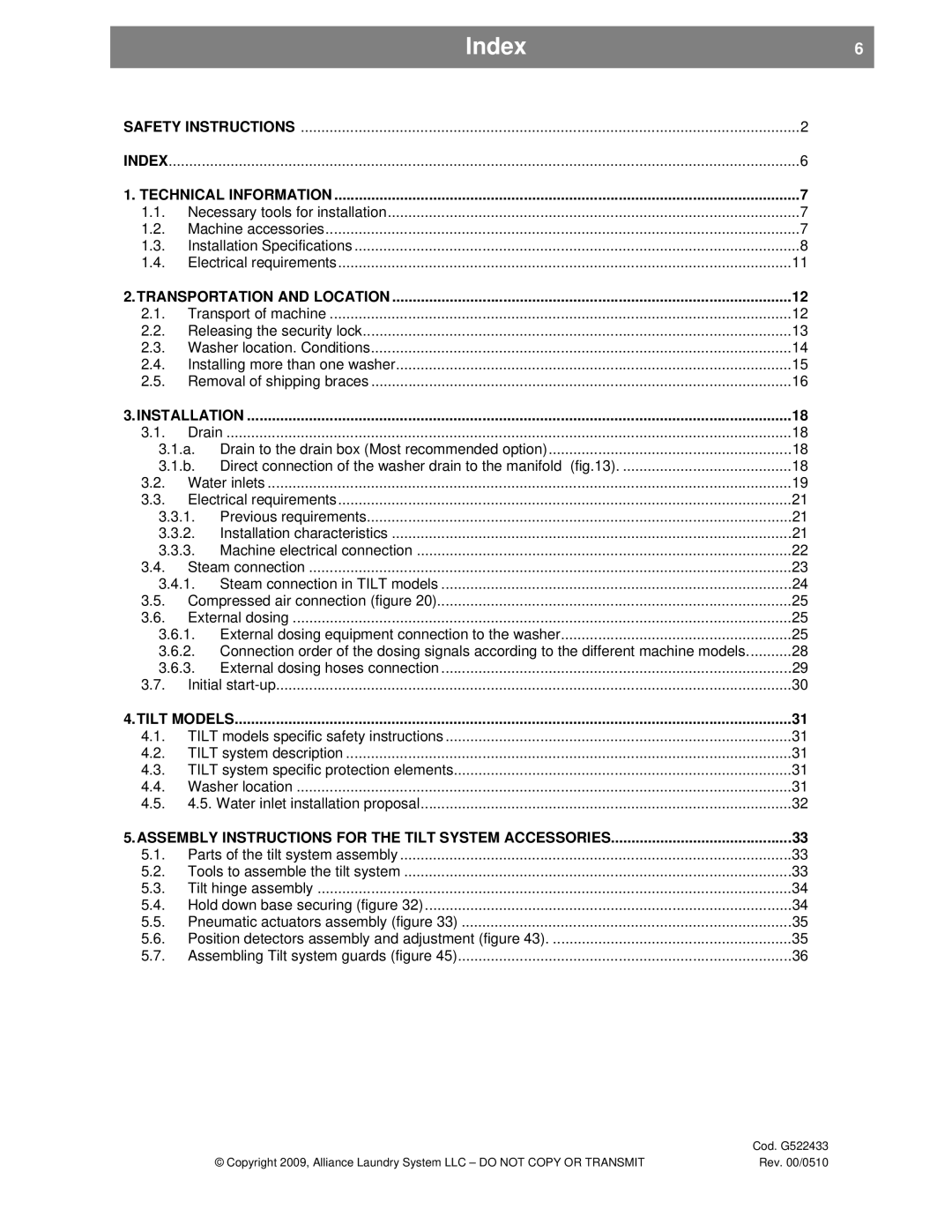 Alliance Laundry Systems UVN255P, SVN255P installation instructions Index Technical Information 