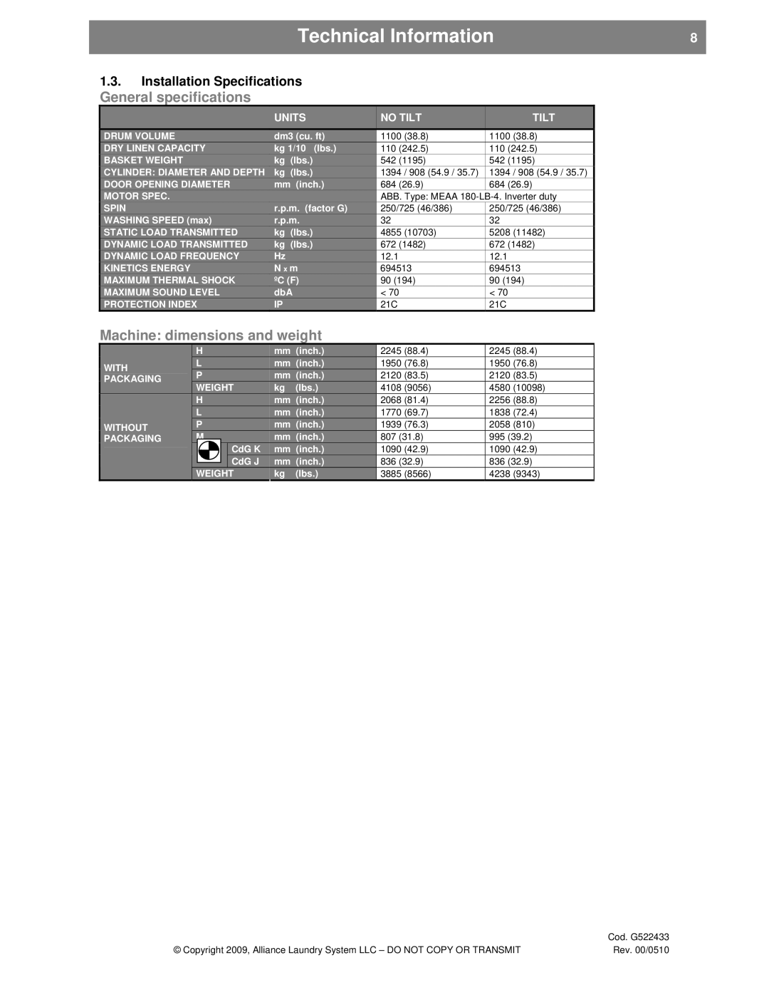 Alliance Laundry Systems UVN255P, SVN255P installation instructions General specifications, Installation Specifications 