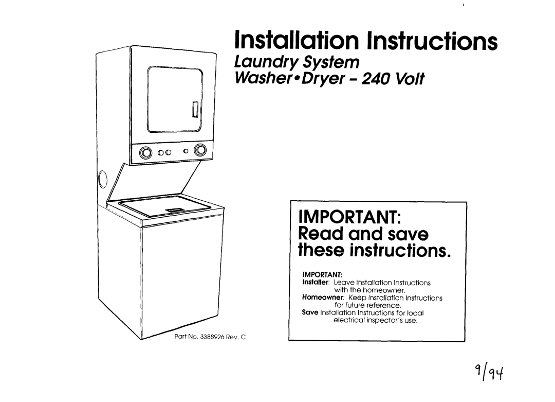 Alliance Laundry Systems Washer/Dryer installation instructions Installation Instructions 