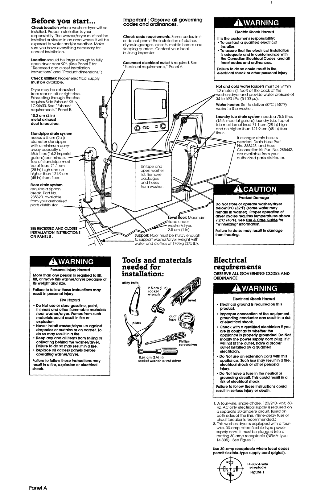 Alliance Laundry Systems Washer/Dryer Before you start, Tools and materials needed for installation, Panel a 