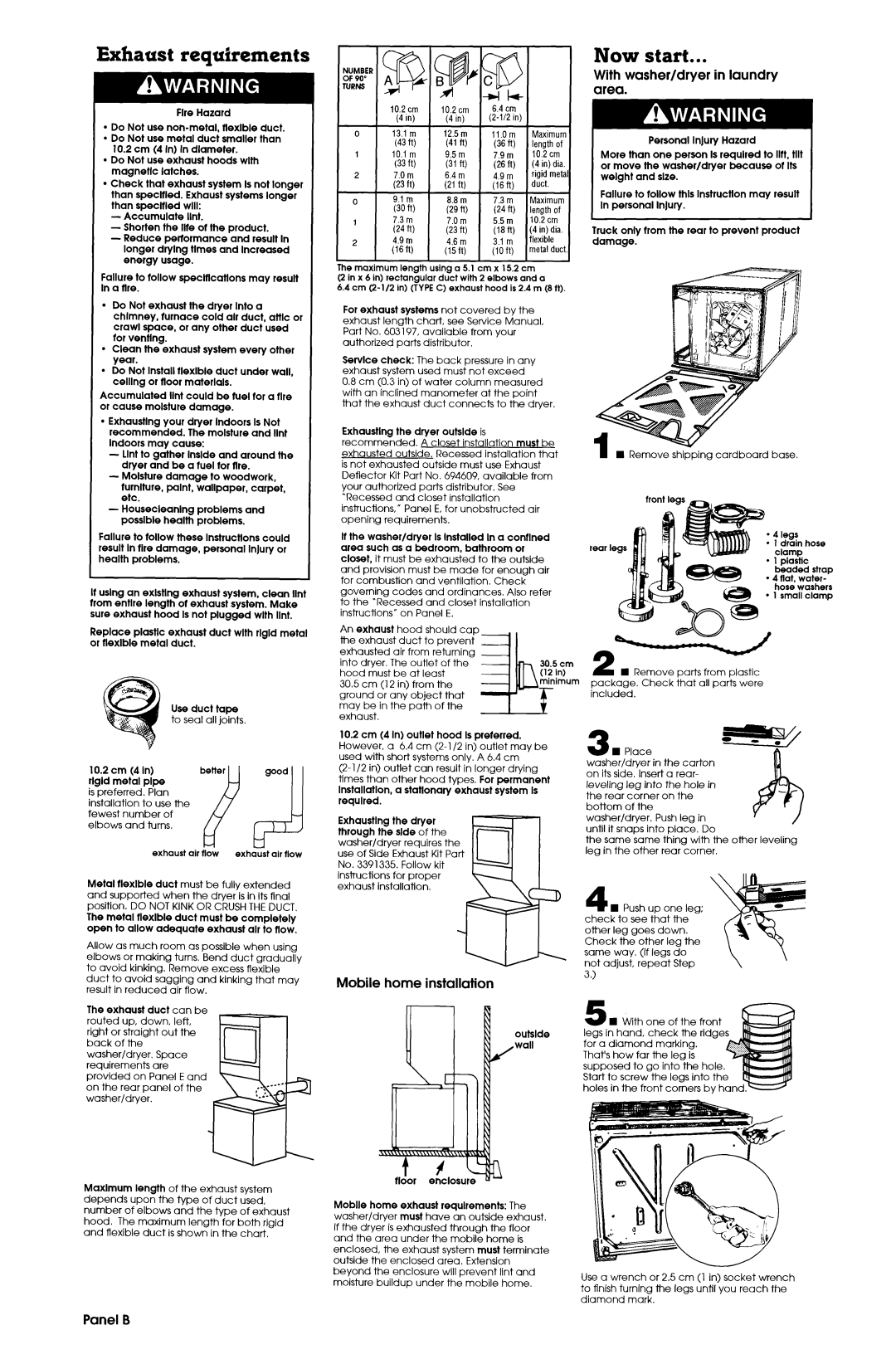 Alliance Laundry Systems Washer/Dryer Exhaust reauirements, Now start, With washer/dryer in laundry area, Panel B 