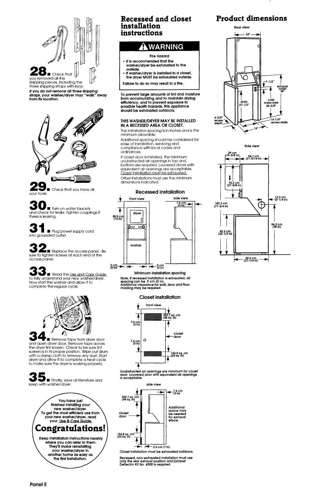 Alliance Laundry Systems Washer/Dryer Product dimensions, +gnc, Recessed Installation, Closet installation, Panel E 