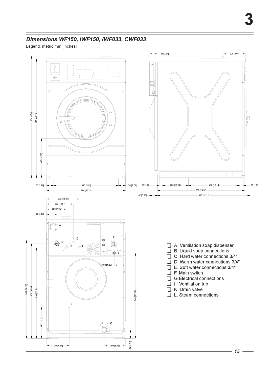 Alliance Laundry Systems WF305, WF400, WF235, WF185 instruction manual Dimensions WF150, IWF150, IWF033, CWF033 