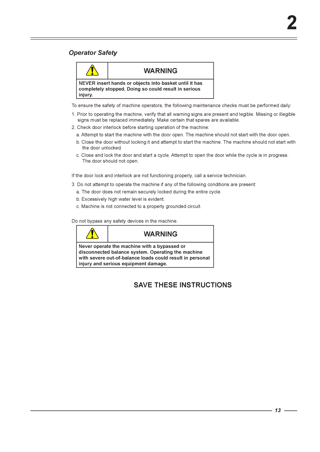 Alliance Laundry Systems WFF65, WFF75, WFF135, WFF100, WFF165 instruction manual Operator Safety 