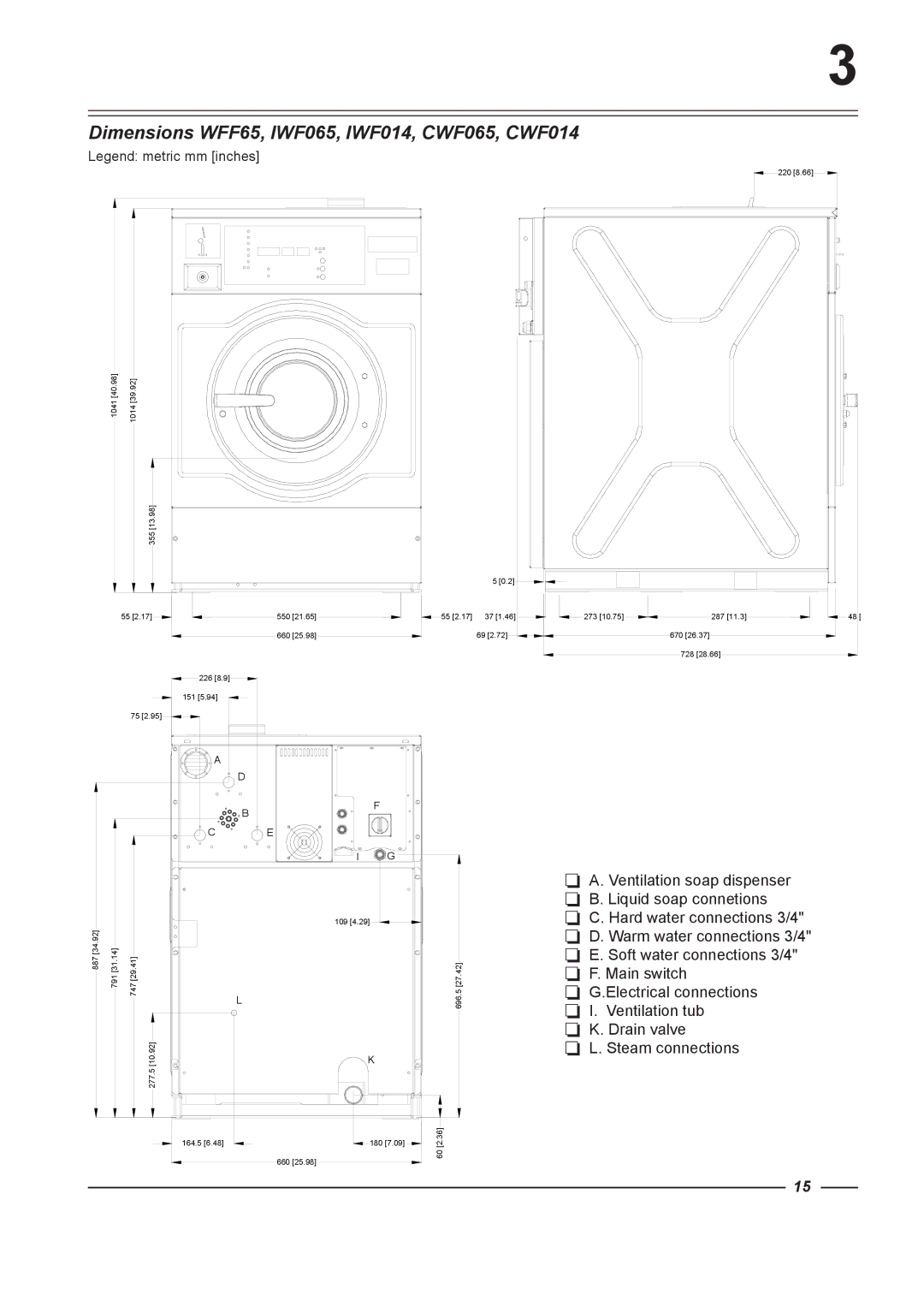 Alliance Laundry Systems WFF75, WFF135, WFF100, WFF165 instruction manual Dimensions WFF65, IWF065, IWF014, CWF065, CWF014 