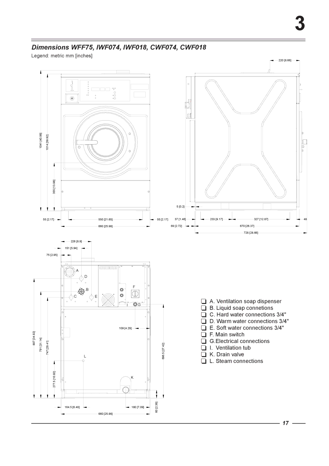 Alliance Laundry Systems WFF100, WFF135, WFF65, WFF165 instruction manual Dimensions WFF75, IWF074, IWF018, CWF074, CWF018 