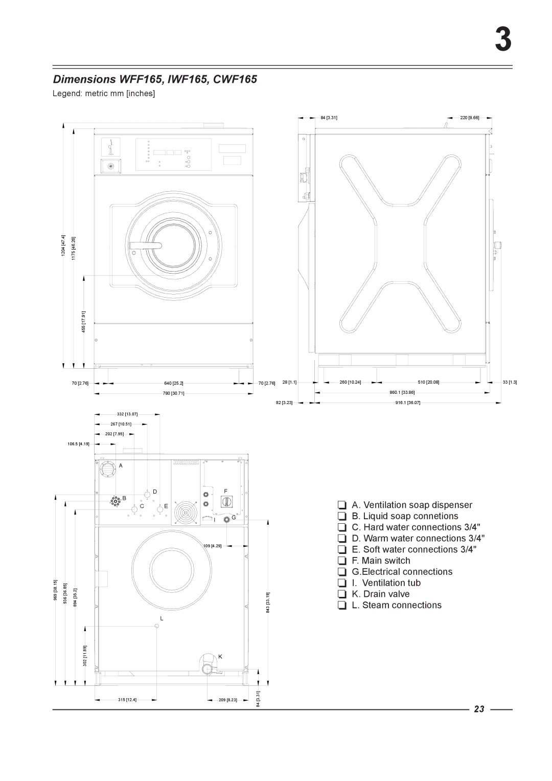 Alliance Laundry Systems WFF65, WFF75, WFF135, WFF100 instruction manual Dimensions WFF165, IWF165, CWF165 