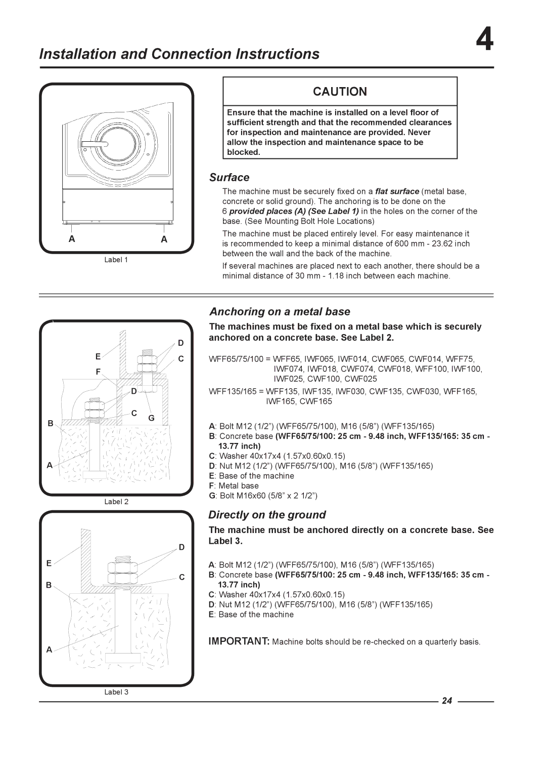 Alliance Laundry Systems WFF165, WFF75, WFF135 Installation and Connection Instructions, Surface, Anchoring on a metal base 