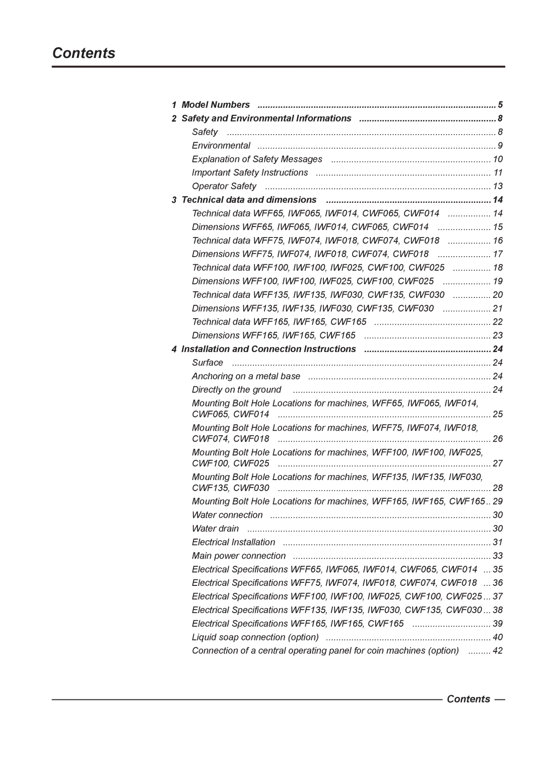 Alliance Laundry Systems WFF65, WFF75, WFF135, WFF100, WFF165 instruction manual Contents 