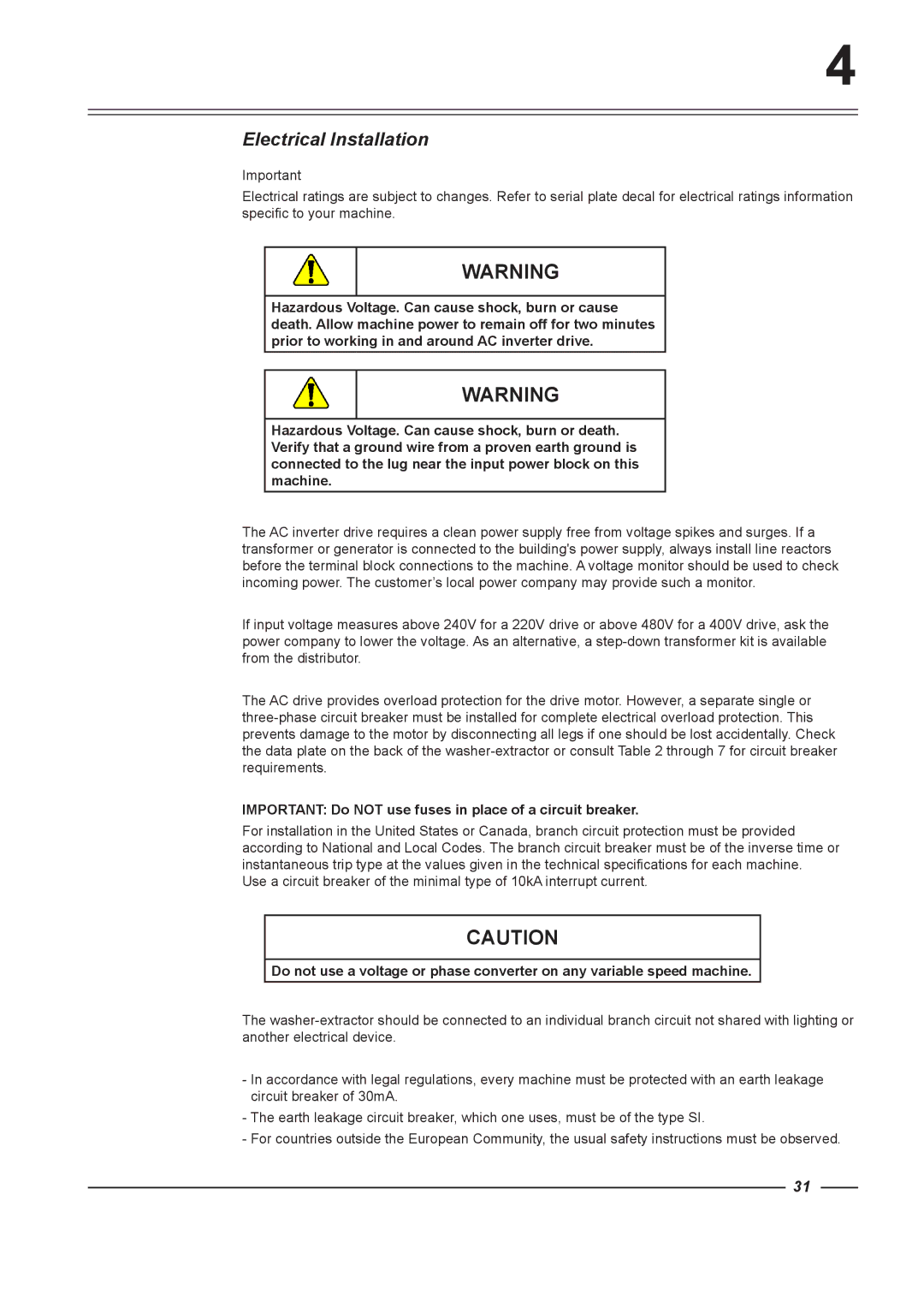 Alliance Laundry Systems WFF135, WFF75 Electrical Installation, Important Do not use fuses in place of a circuit breaker 