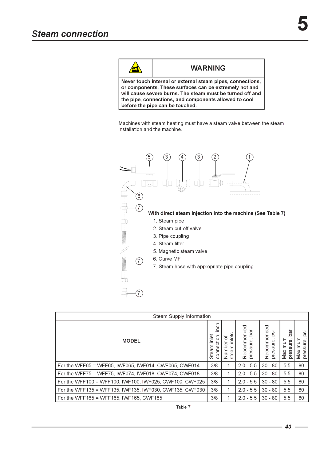 Alliance Laundry Systems WFF65, WFF75, WFF135 Steam connection, With direct steam injection into the machine See Table 