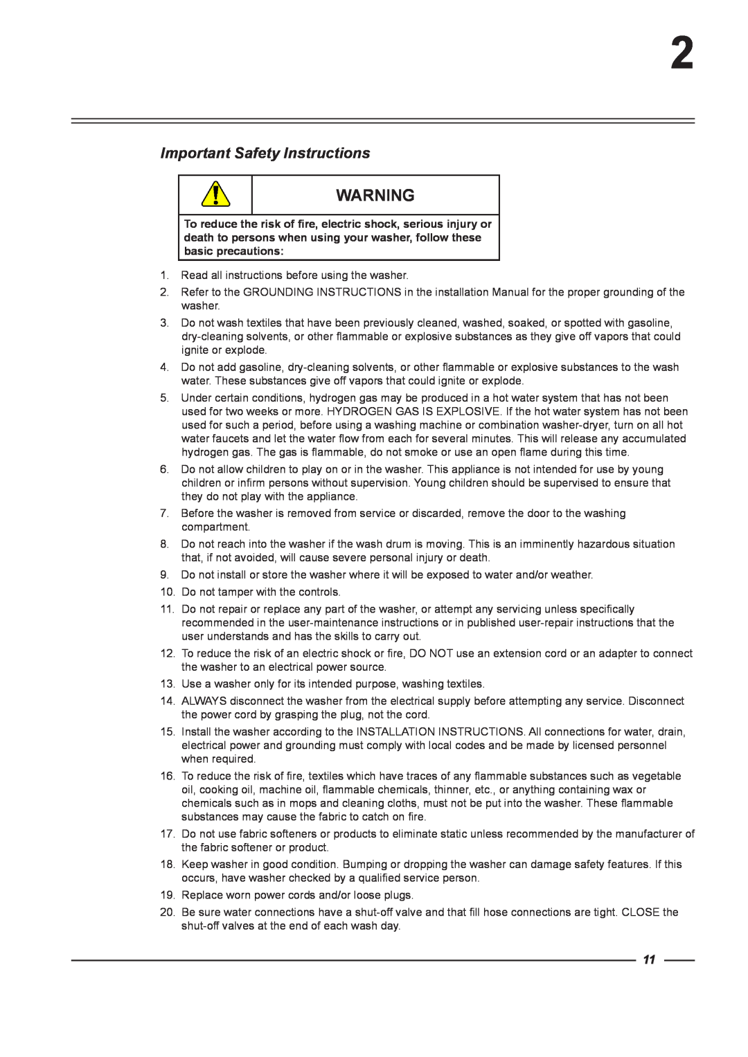 Alliance Laundry Systems WFF135, WFF75, WFF100, WFF65, WFF165 instruction manual Important Safety Instructions 