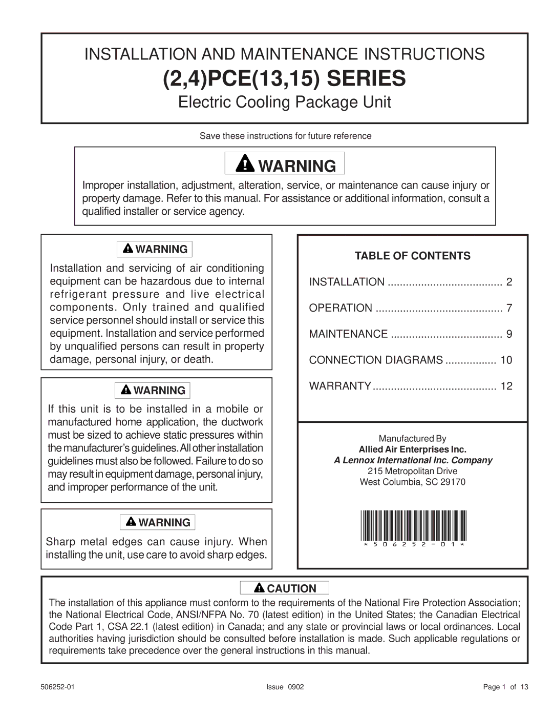 Allied Air Enterprises 15), (2, 4)PCE(13 warranty 4PCE13,15 Series, Table of Contents 