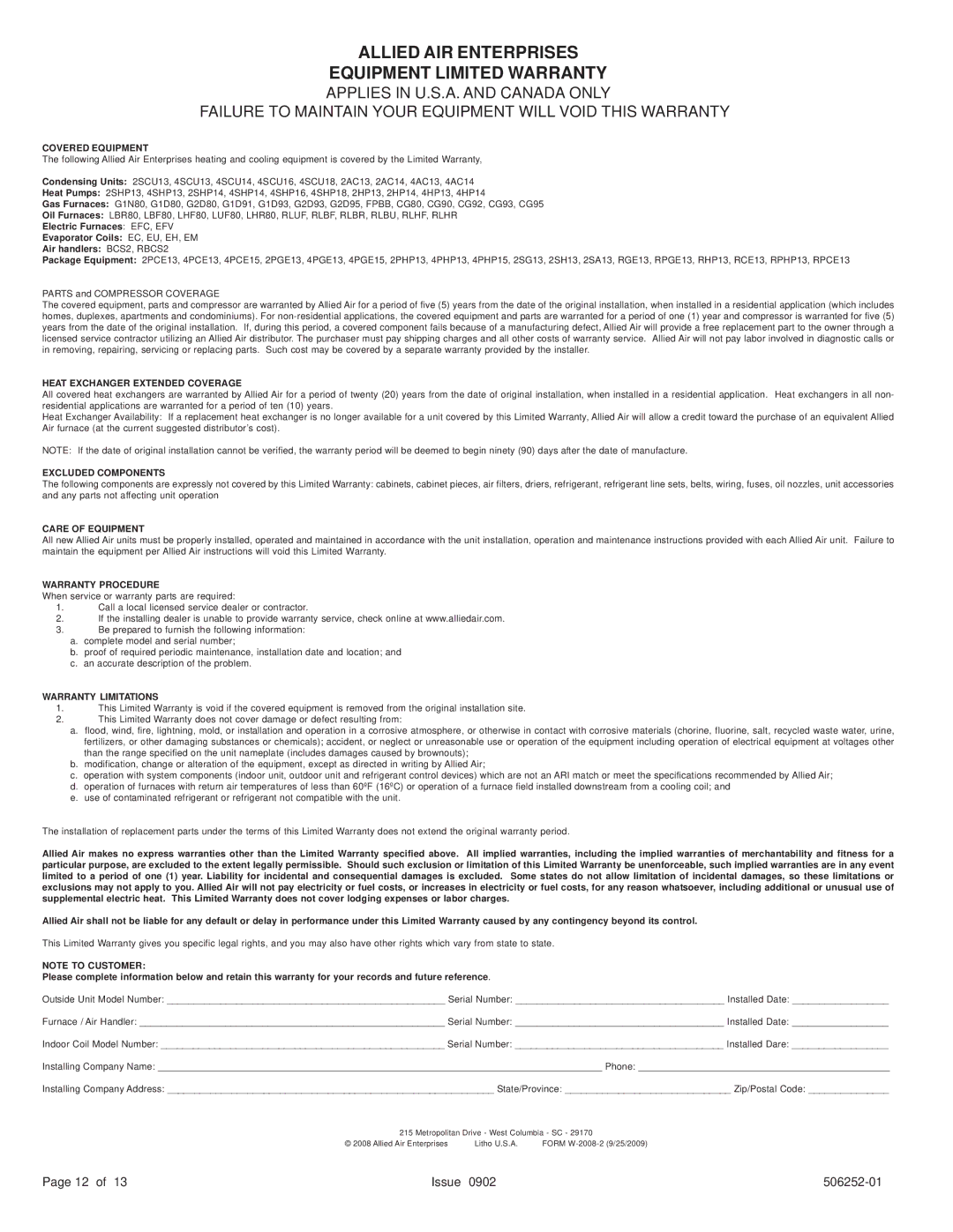 Allied Air Enterprises (2, 15), 4)PCE(13 warranty Allied AIR Enterprises Equipment Limited Warranty 