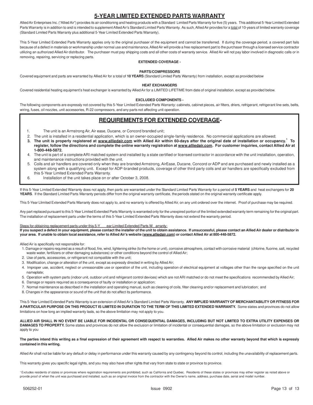 Allied Air Enterprises 15), (2, 4)PCE(13 warranty Year Limited Extended Parts Warranty 