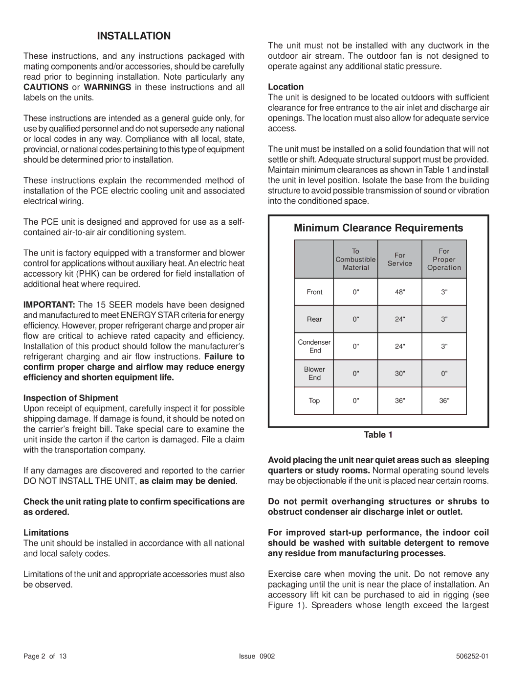 Allied Air Enterprises 4)PCE(13, (2, 15) Installation, Minimum Clearance Requirements, Inspection of Shipment, Location 