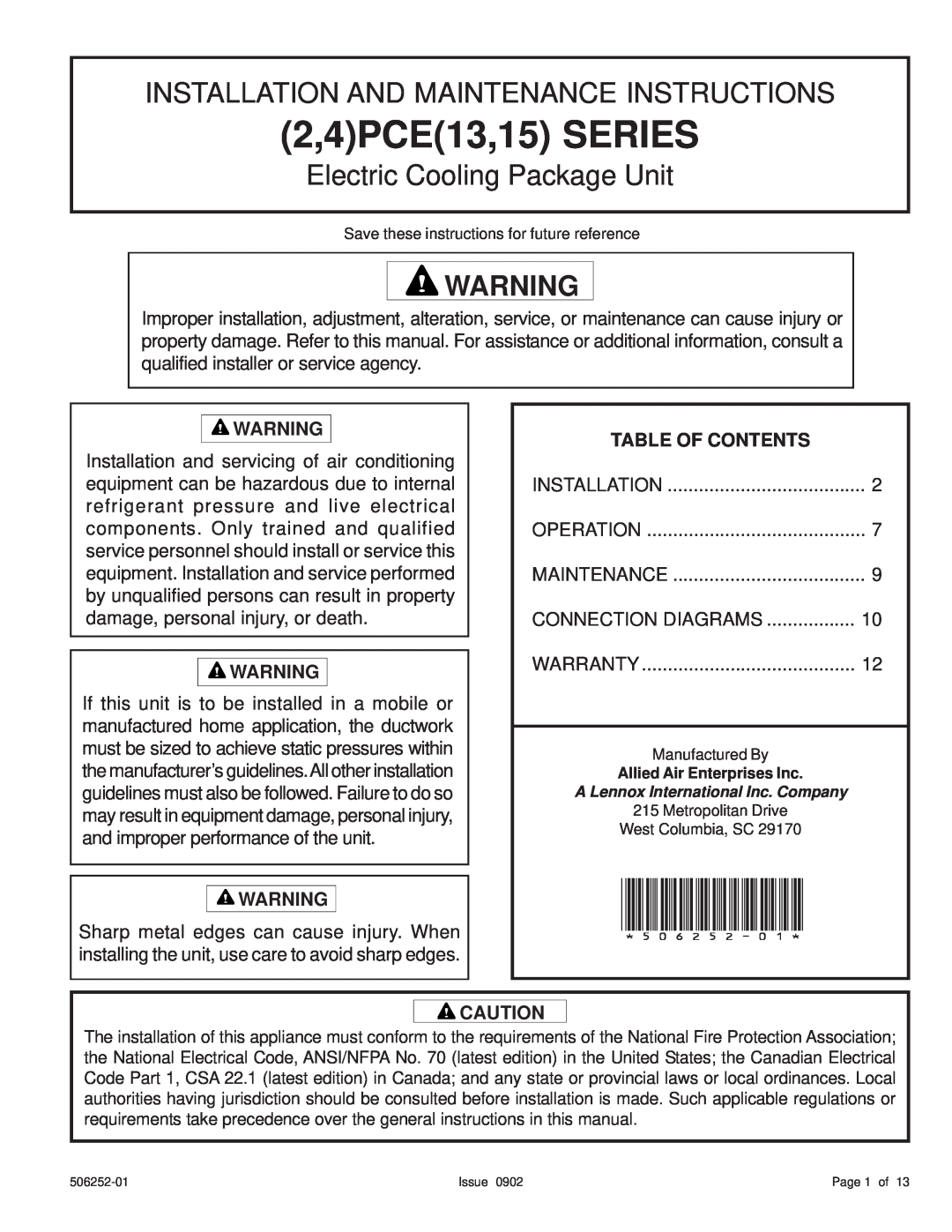 Allied Air Enterprises (2 warranty 2,4PHP13,15 Series, Installation And Maintenance Instructions, Self-ContainedHeat Pump 