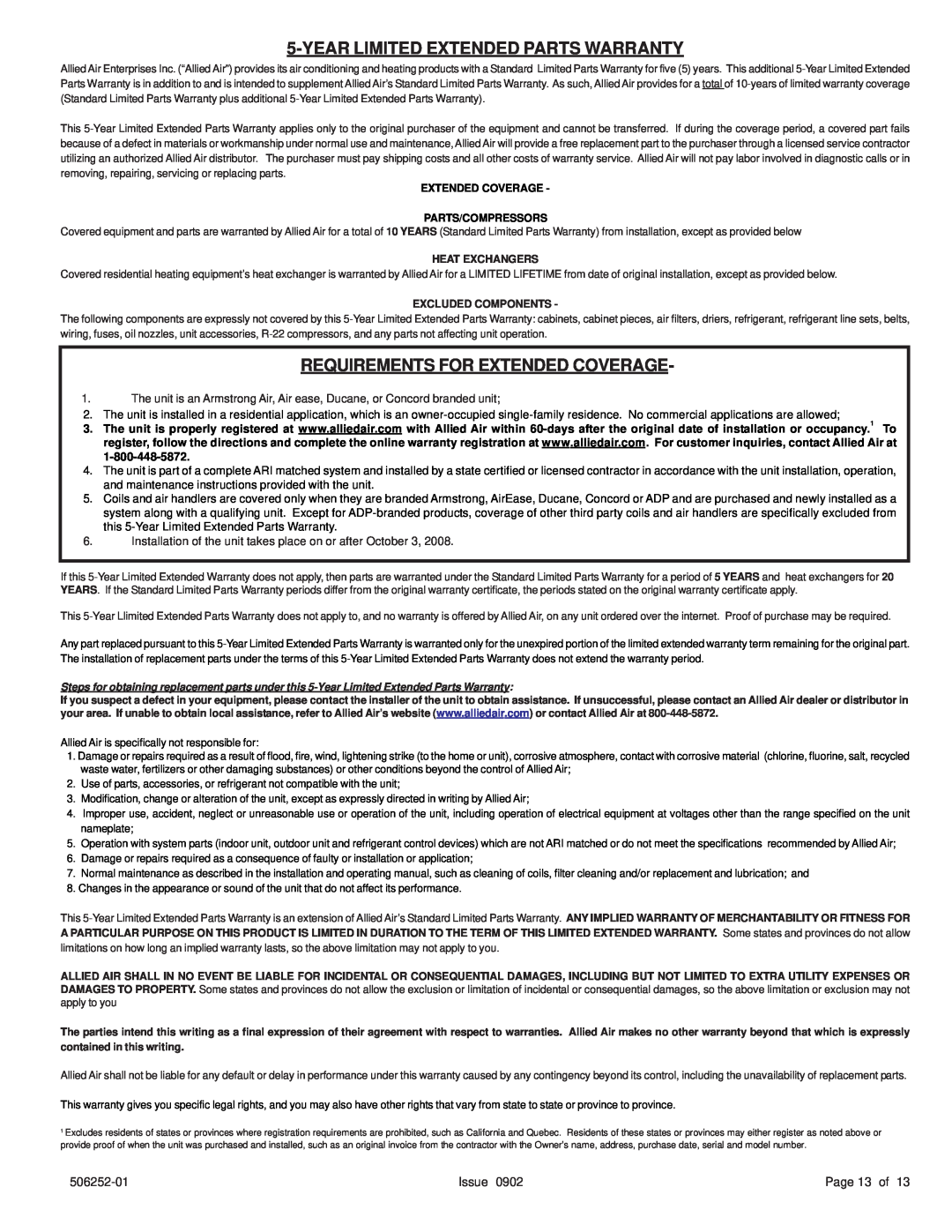 Allied Air Enterprises 15), (2 Yearlimited Extended Parts Warranty, Requirements For Extended Coverage, Issue, Page 13 of 