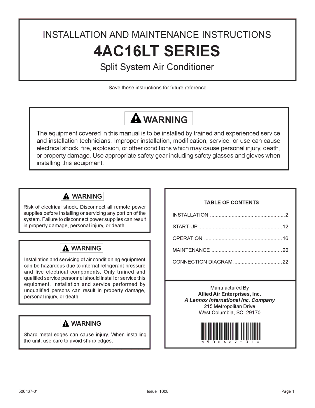 Allied Air Enterprises manual 4AC16LT Series, Lennox International Inc. Company 