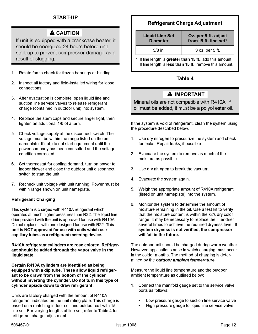 Allied Air Enterprises 4AC16LT manual Start-Up, Refrigerant Charge Adjustment, Refrigerant Charging 