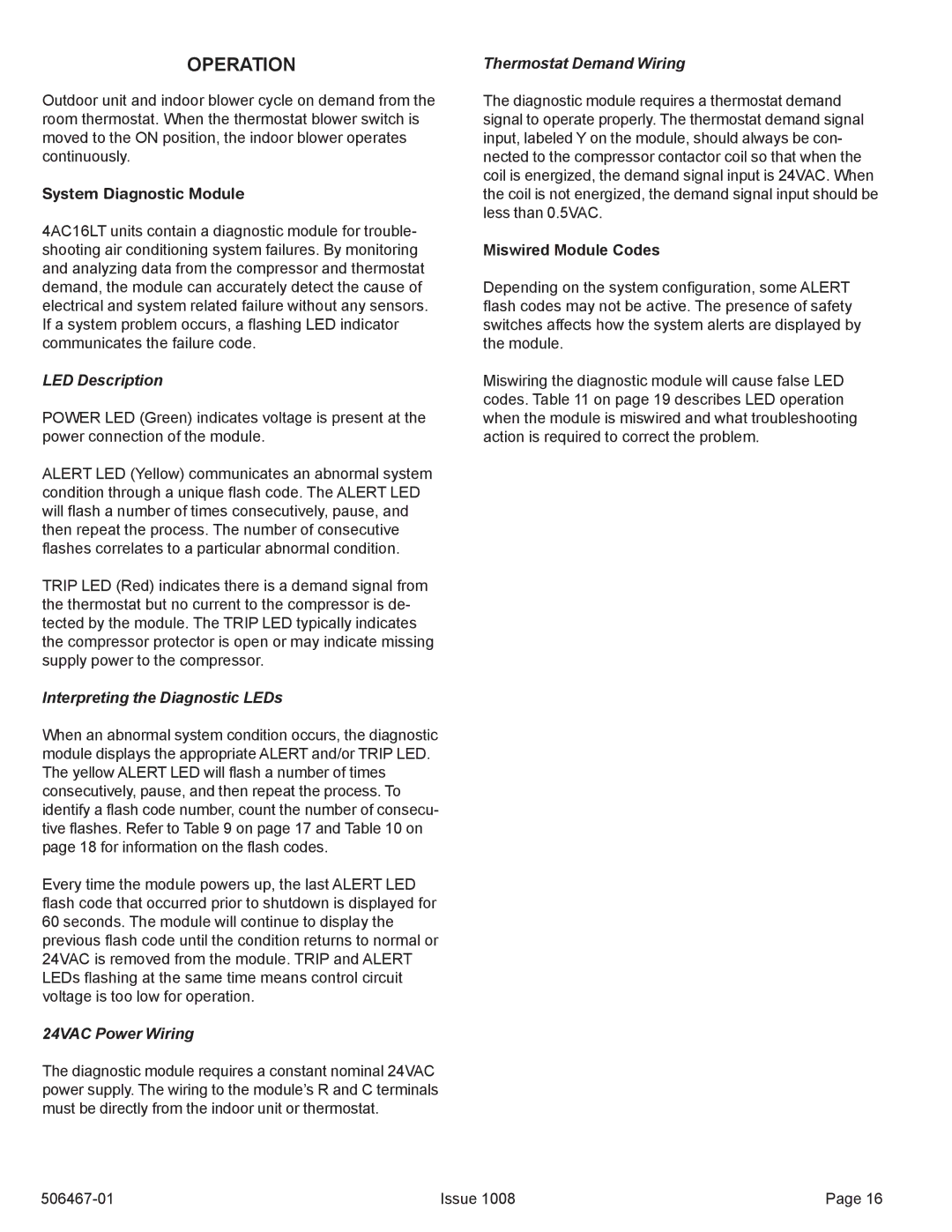 Allied Air Enterprises 4AC16LT manual Operation, LED Description, Interpreting the Diagnostic LEDs, 24VAC Power Wiring 