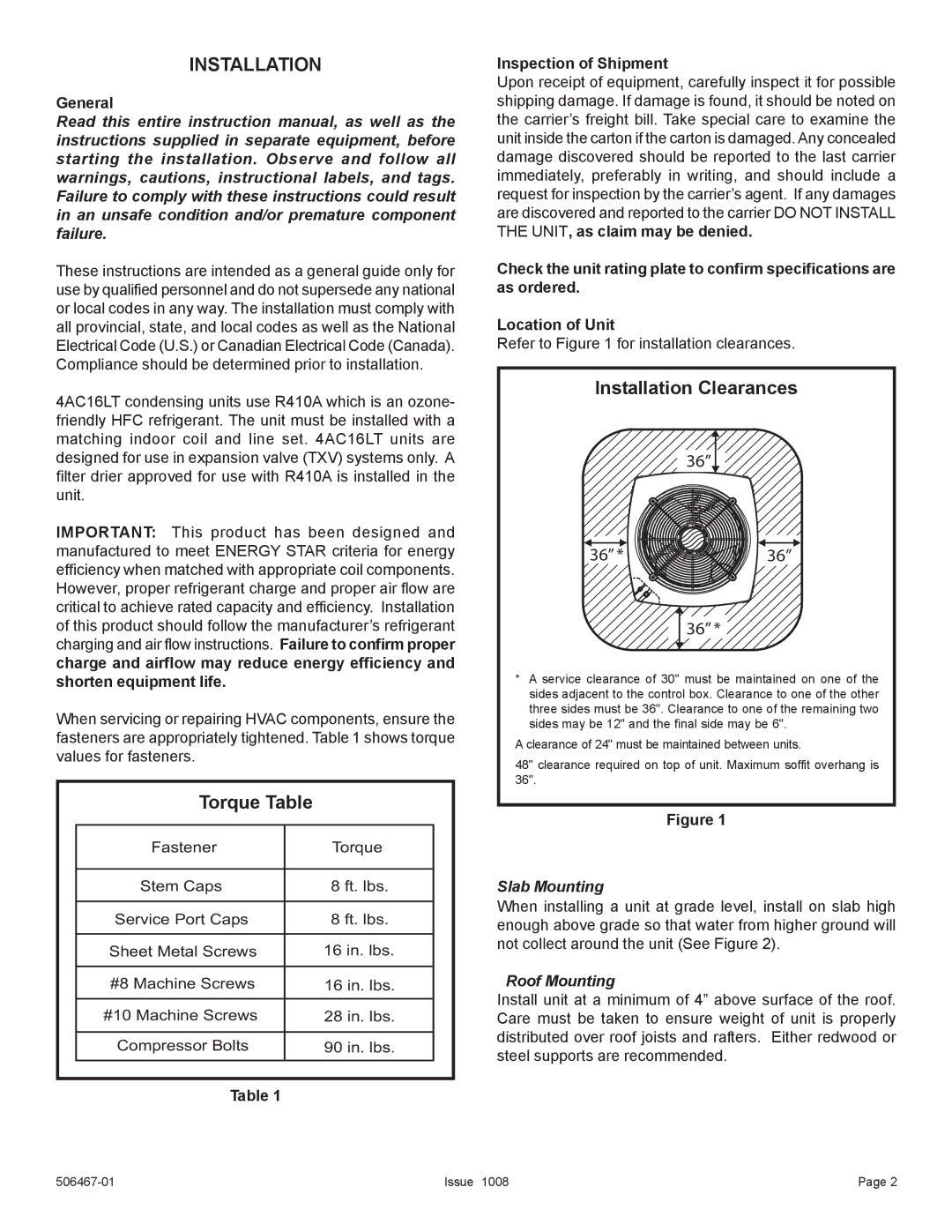 Allied Air Enterprises 4AC16LT manual Torque Table, Installation Clearances, Slab Mounting, Roof Mounting 