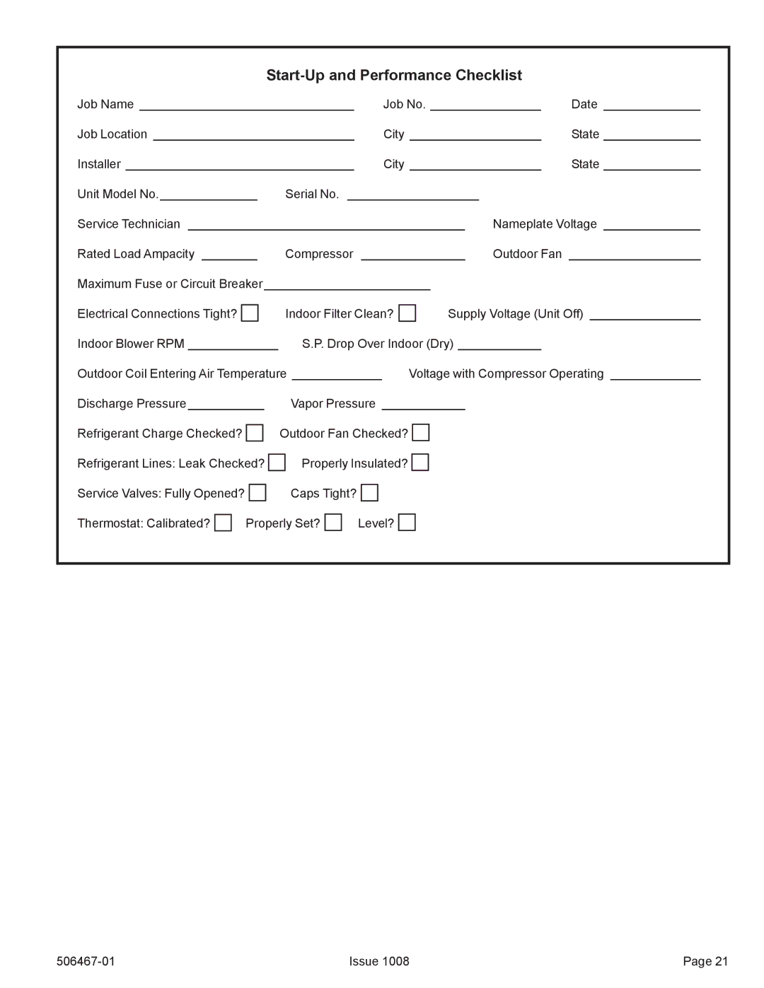 Allied Air Enterprises 4AC16LT manual Start-Up and Performance Checklist 