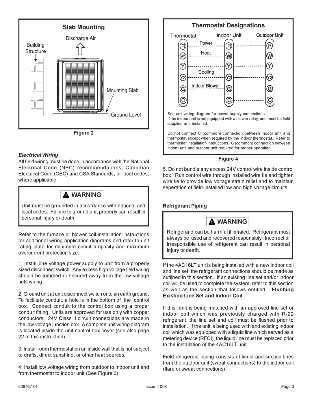 Allied Air Enterprises 4AC16LT manual Slab Mounting, Thermostat Designations, Electrical Wiring, Refrigerant Piping 