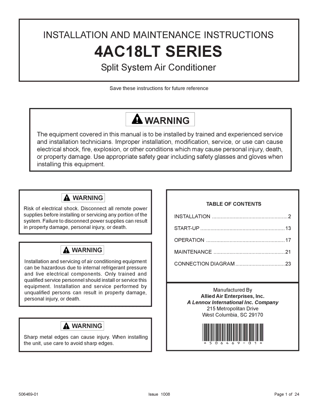 Allied Air Enterprises manual 4AC18LT Series, Lennox International Inc. Company 