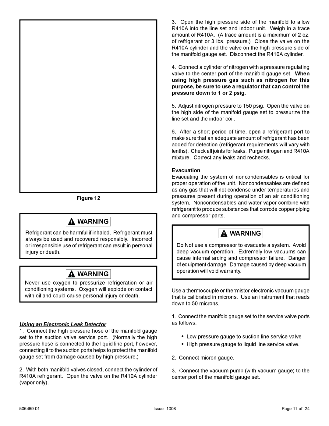 Allied Air Enterprises 4AC18LT manual Using an Electronic Leak Detector, Evacuation 