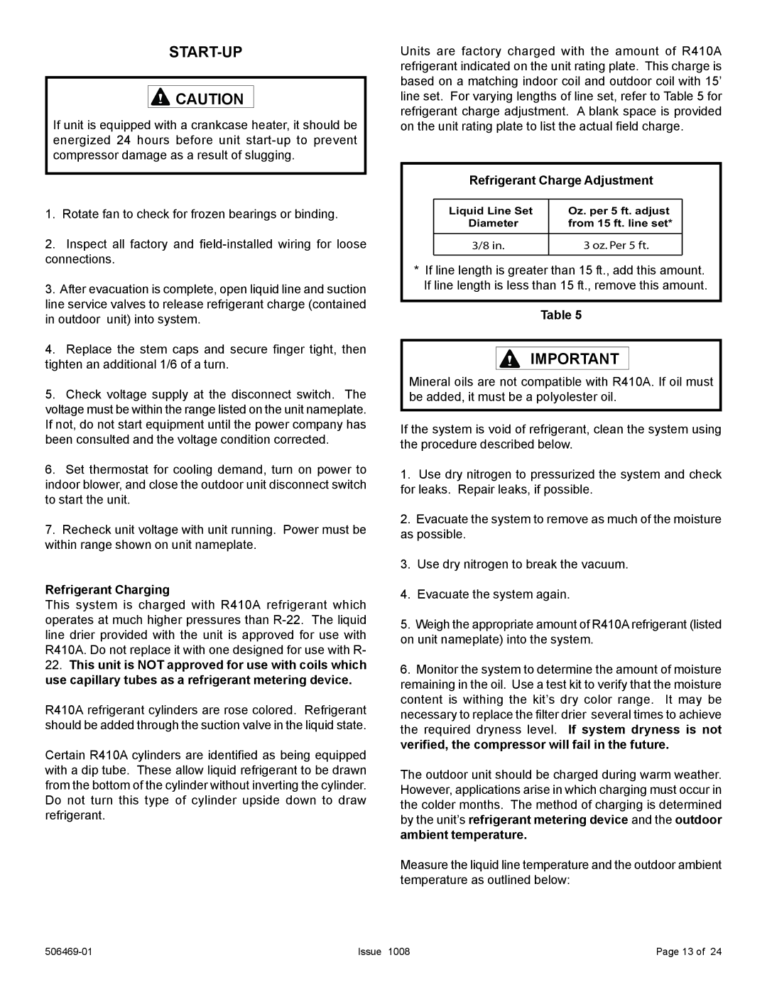 Allied Air Enterprises 4AC18LT manual Start-Up, Refrigerant Charging, Refrigerant Charge Adjustment 