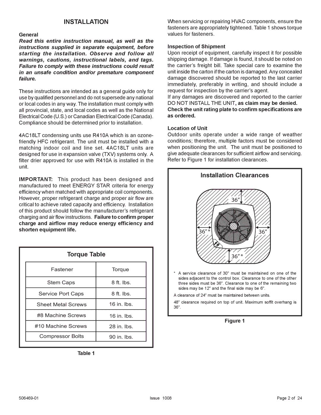 Allied Air Enterprises 4AC18LT manual Torque Table, Installation Clearances, General, Inspection of Shipment 