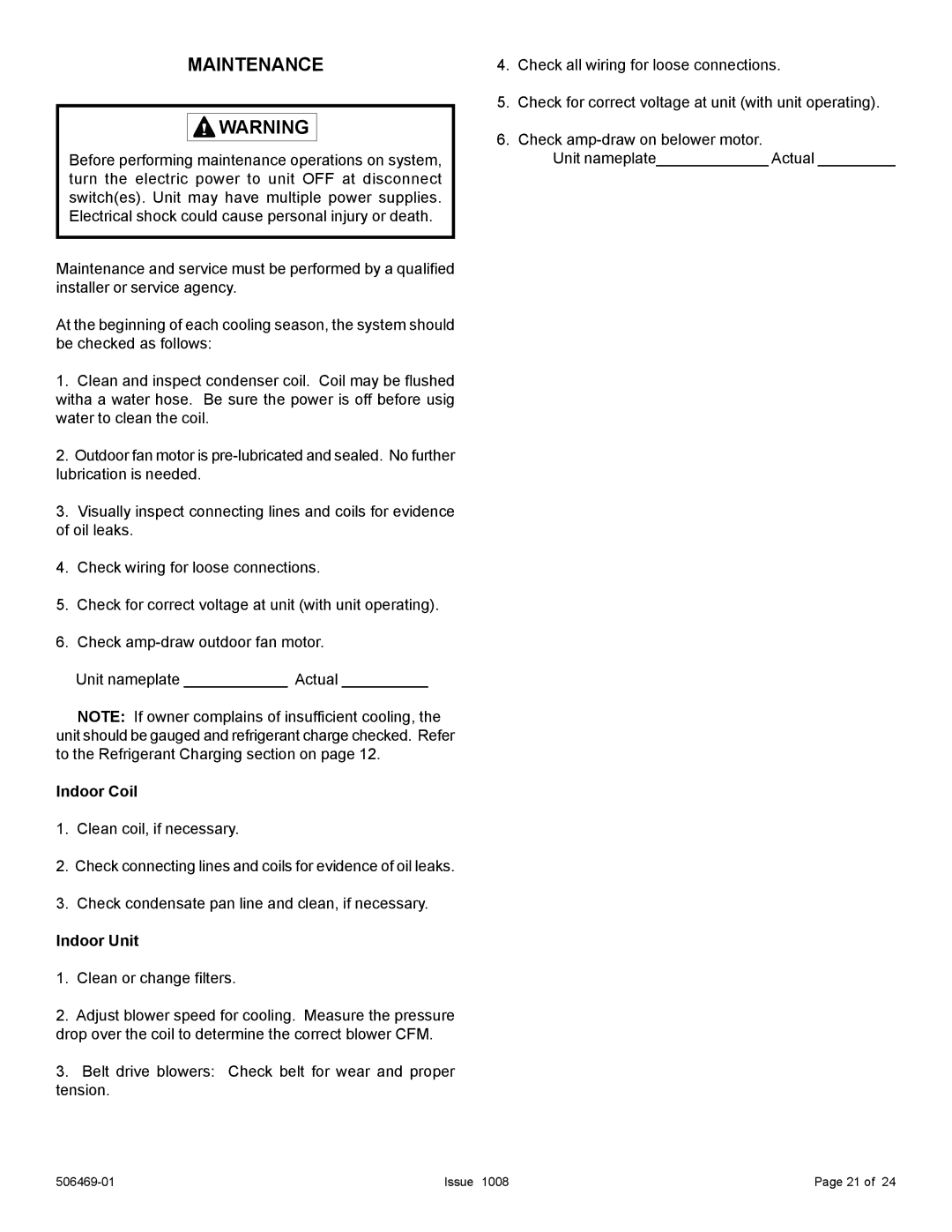 Allied Air Enterprises 4AC18LT manual Maintenance, Indoor Coil, Indoor Unit 