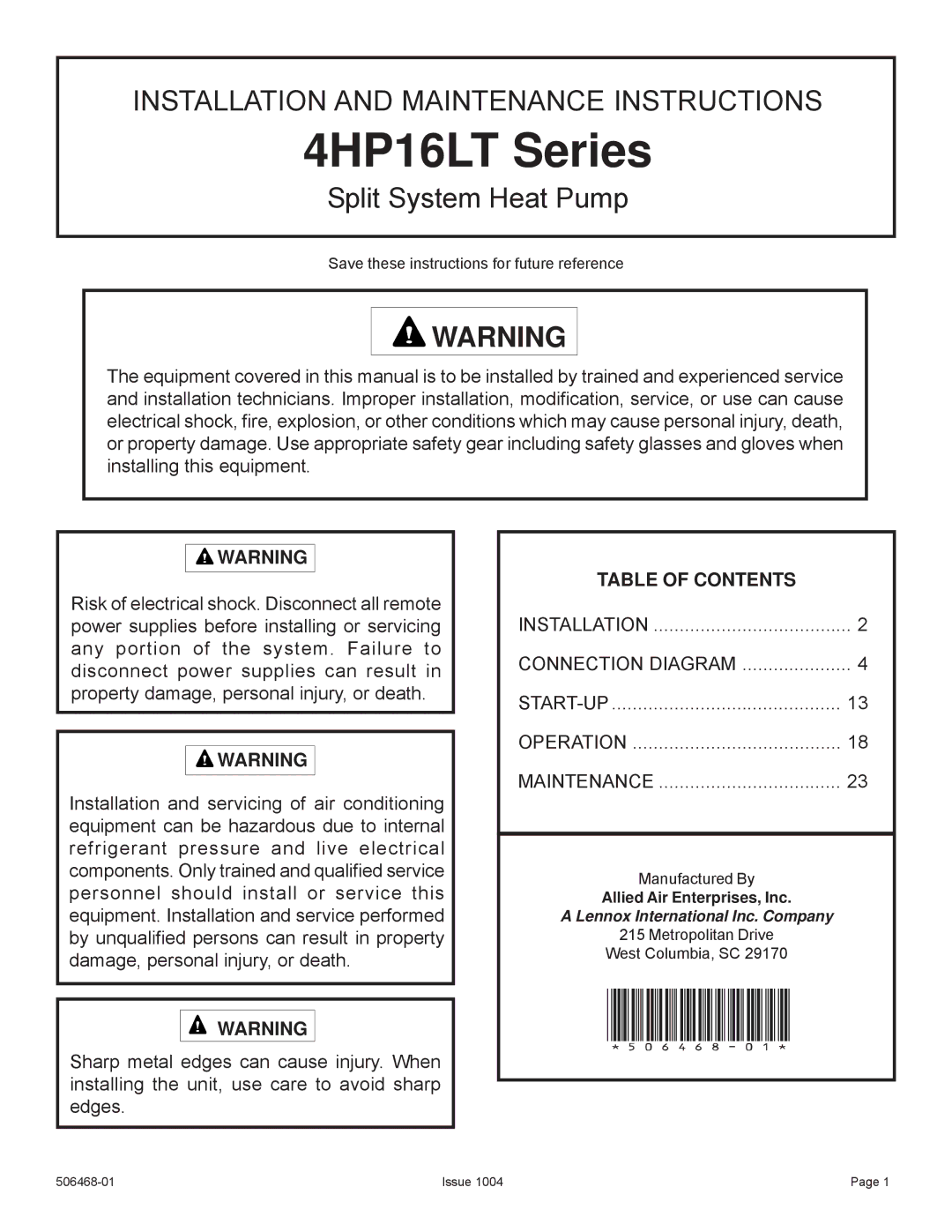 Allied Air Enterprises manual 4HP16LT Series 