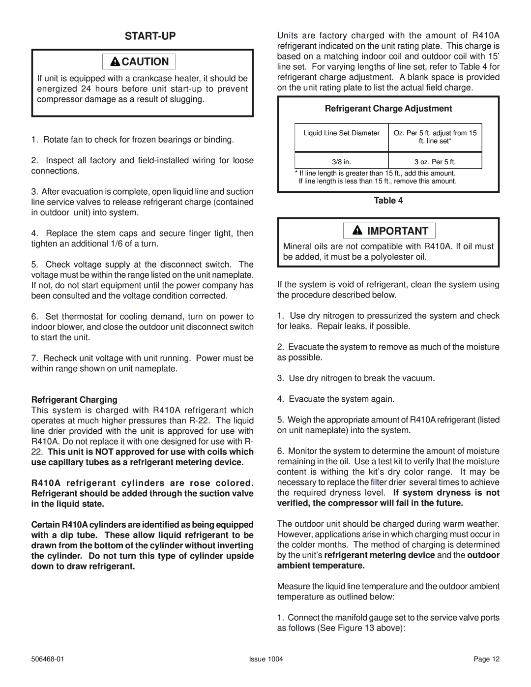 Allied Air Enterprises 4HP16LT manual Refrigerant Charging, Refrigerant Charge Adjustment, Ambient temperature 