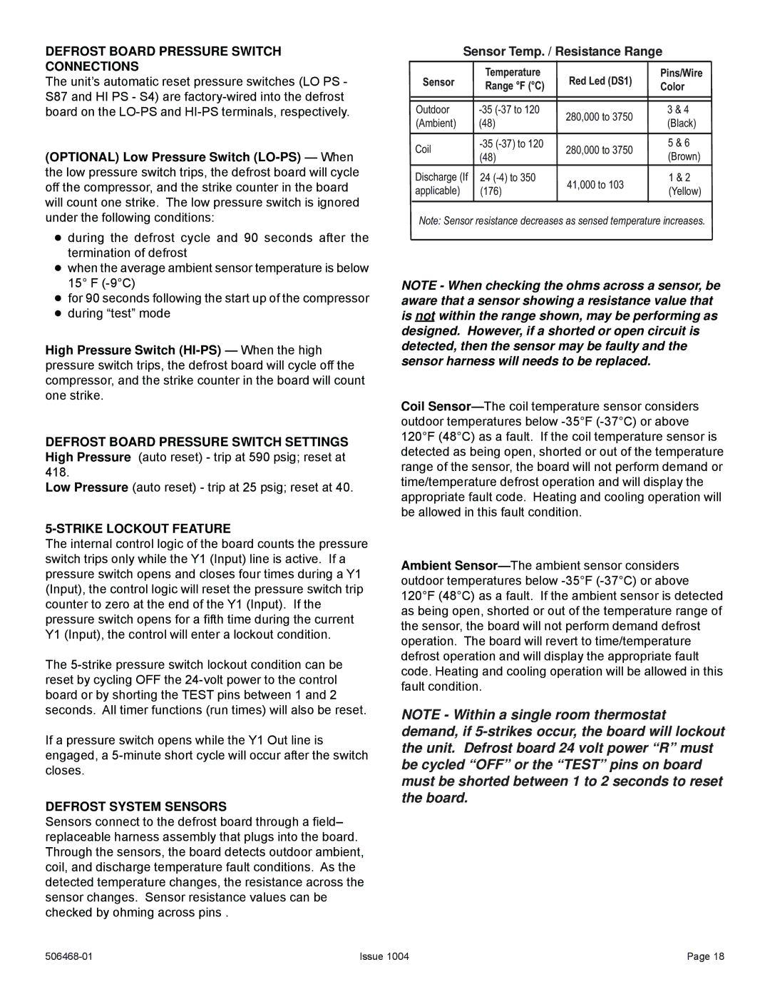 Allied Air Enterprises 4HP16LT manual Defrost Board Pressure Switch Connections, Sensor Temp. / Resistance Range 