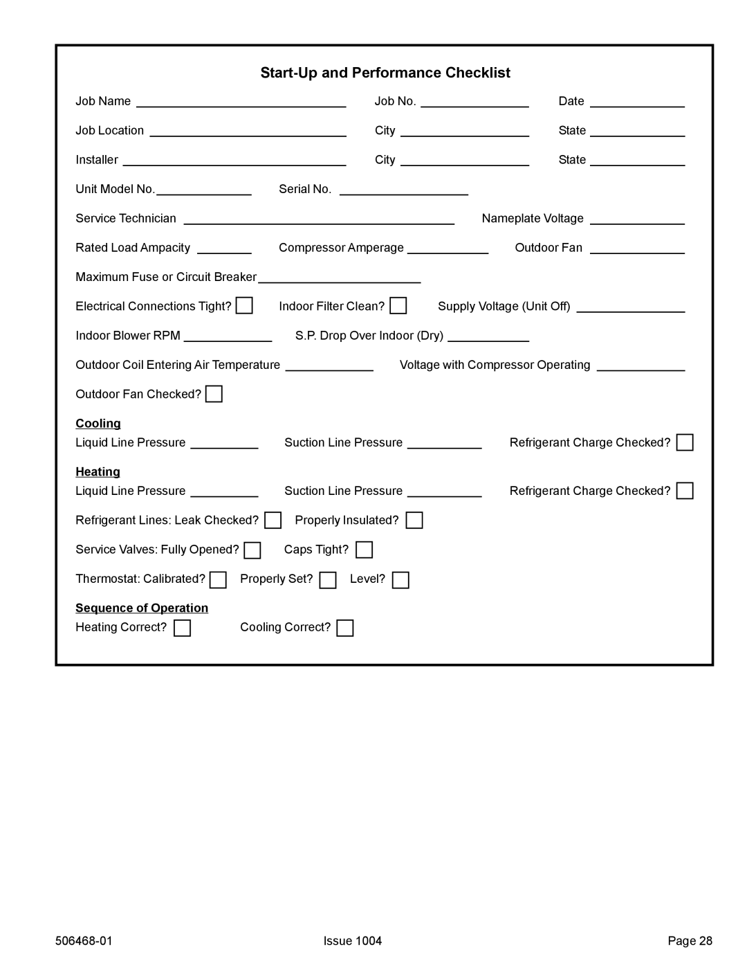 Allied Air Enterprises 4HP16LT manual Start-Up and Performance Checklist, Cooling, Heating, Sequence of Operation 