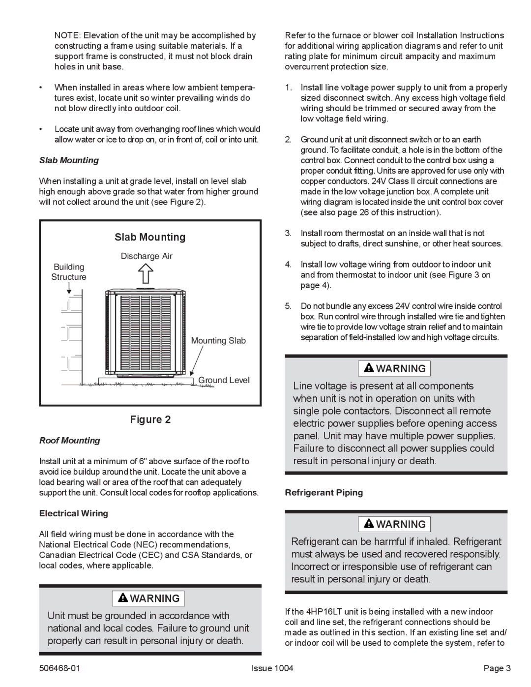 Allied Air Enterprises 4HP16LT manual Slab Mounting, Roof Mounting, Electrical Wiring, Refrigerant Piping 