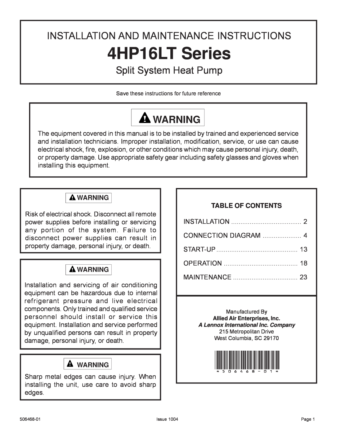 Allied Air Enterprises manual Table Of Contents, 4HP16LT Series, Installation And Maintenance Instructions 