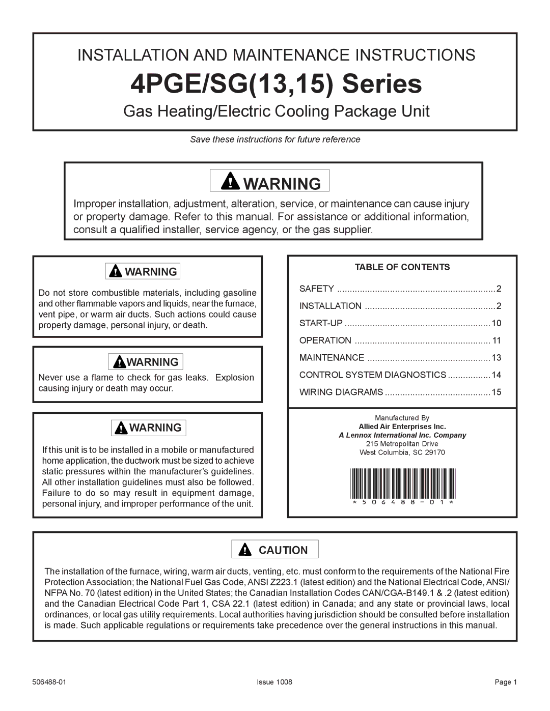 Allied Air Enterprises manual 4PGE/SG13,15 Series 