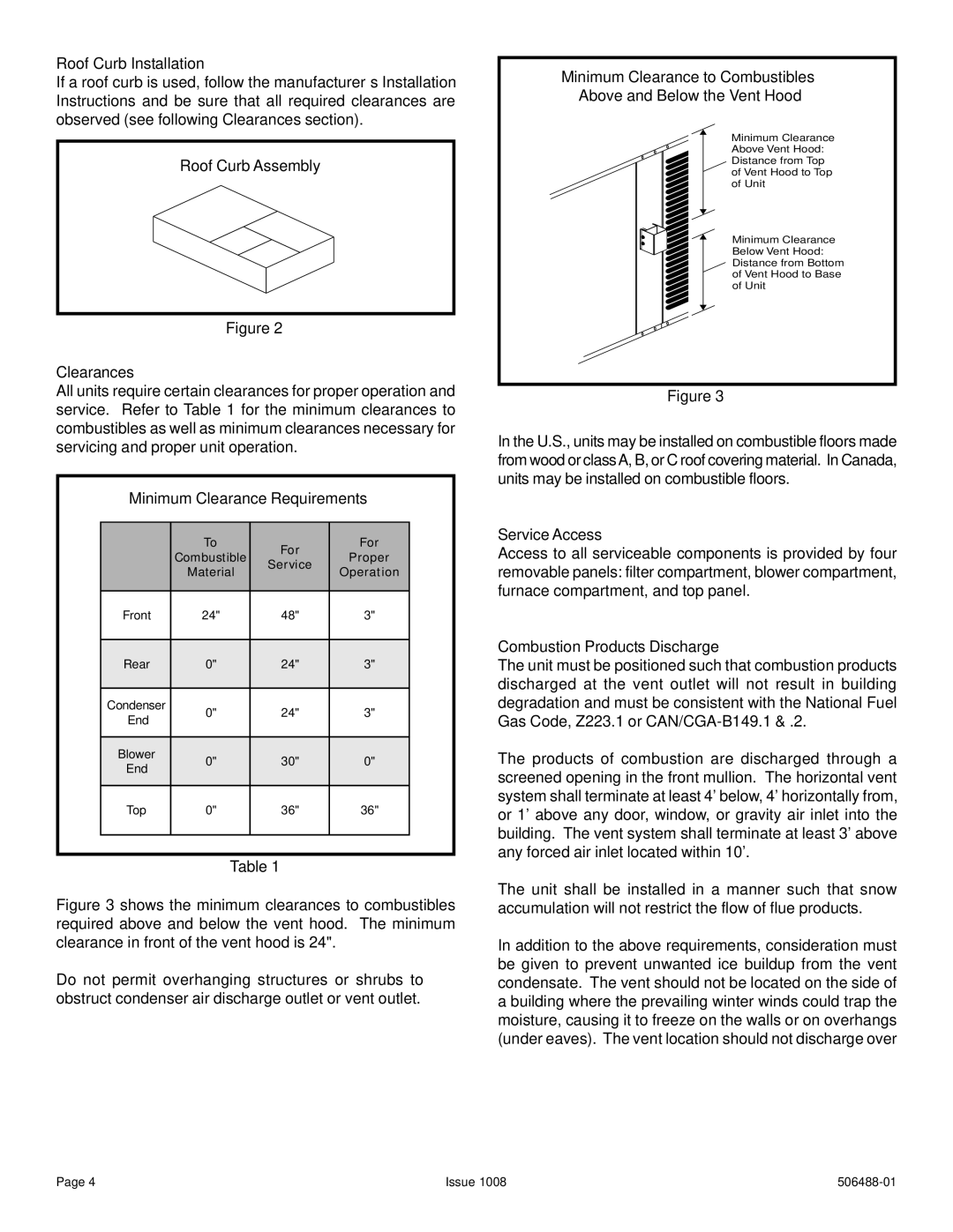 Allied Air Enterprises 4PGE manual Roof Curb Installation, Roof Curb Assembly Clearances, Minimum Clearance Requirements 