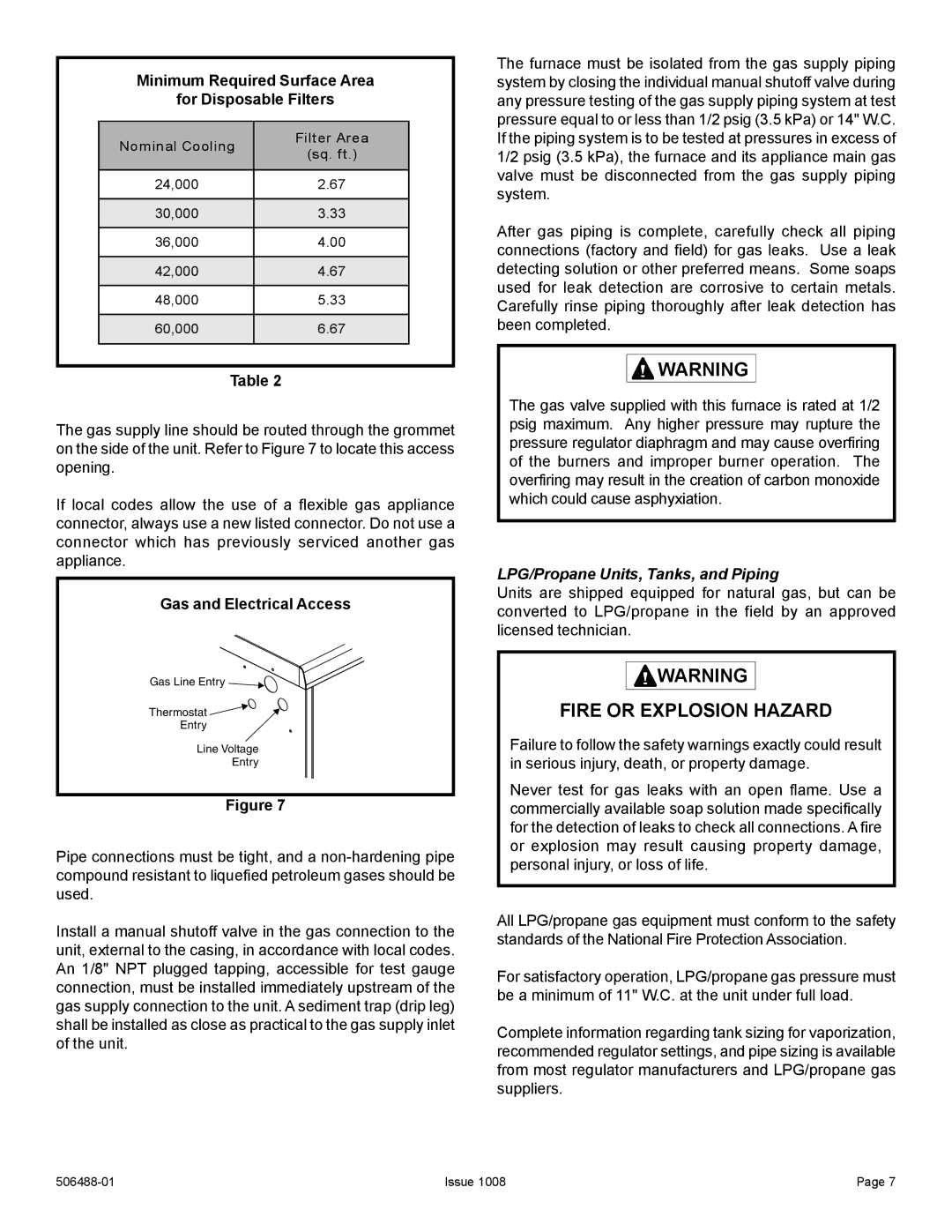 Allied Air Enterprises 4PGE manual Fire or Explosion Hazard, Minimum Required Surface Area For Disposable Filters 