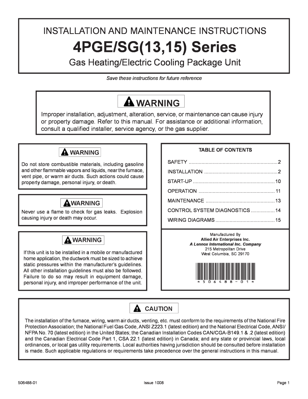 Allied Air Enterprises manual Table Of Contents, 4PGE/SG13,15 Series, Installation And Maintenance Instructions 