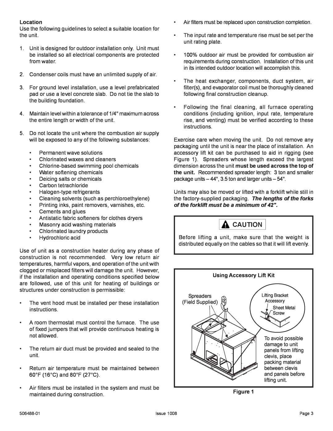 Allied Air Enterprises 4PGE manual Location, Using Accessory Lift Kit 