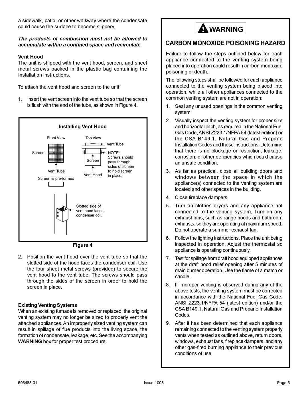 Allied Air Enterprises 4PGE manual Carbon Monoxide Poisoning Hazard, Installing Vent Hood, Existing Venting Systems 