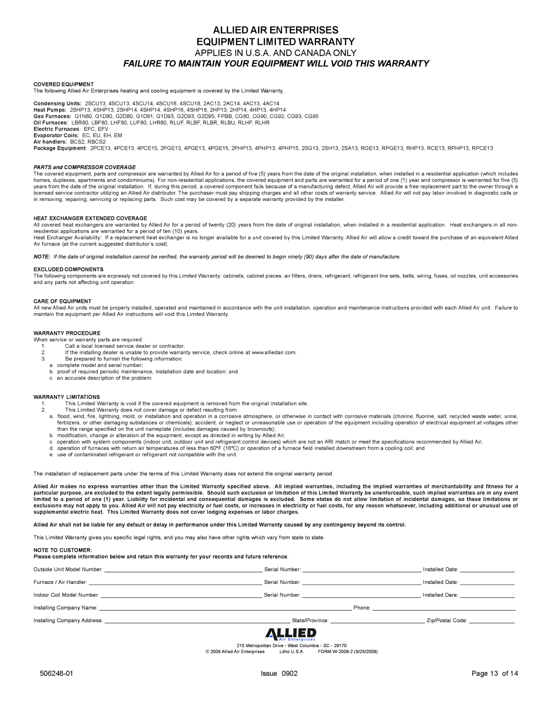 Allied Air Enterprises (2, 4)PHP(13, 15) warranty Allied AIR Enterprises Equipment Limited Warranty 