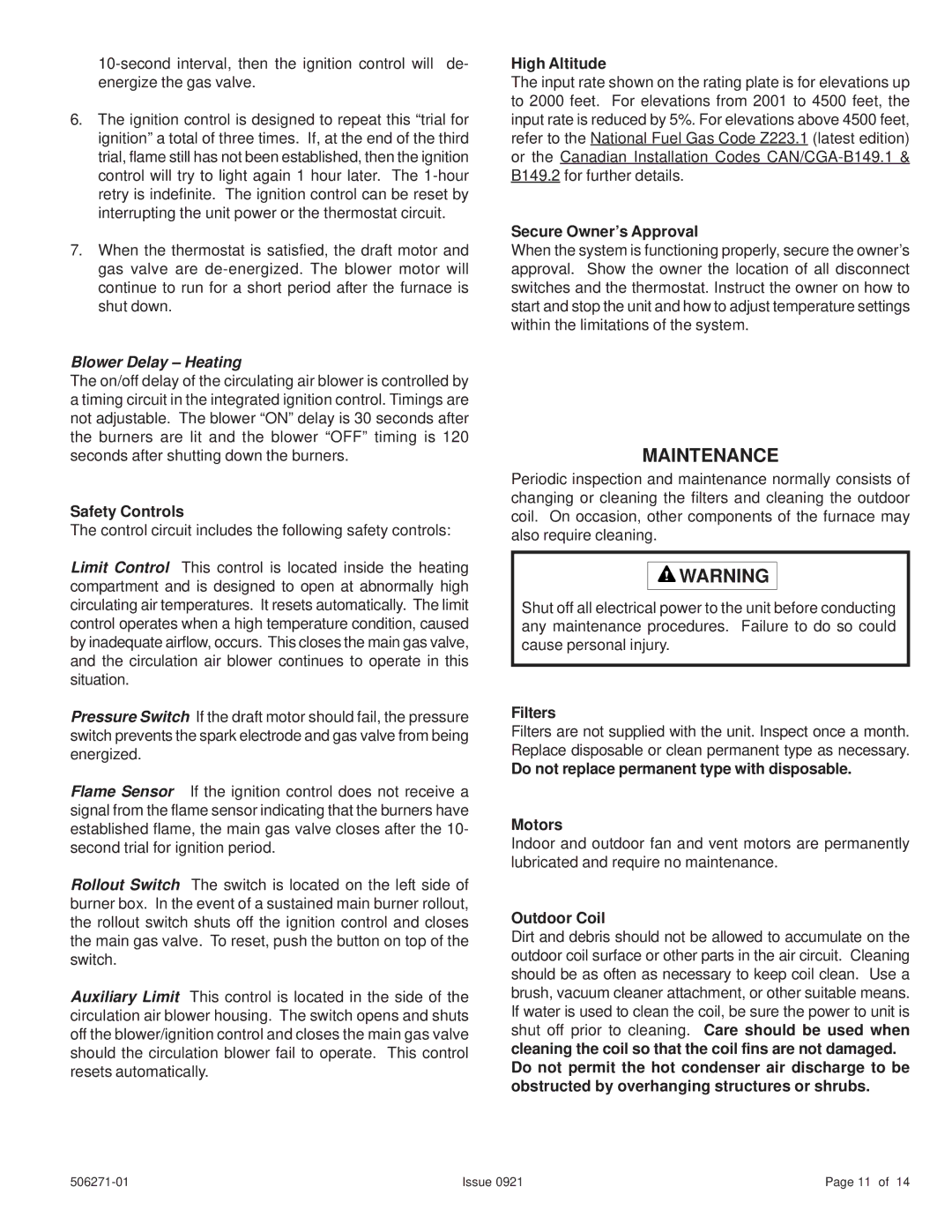 Allied Air Enterprises 506271-01 installation instructions Maintenance, Blower Delay Heating 