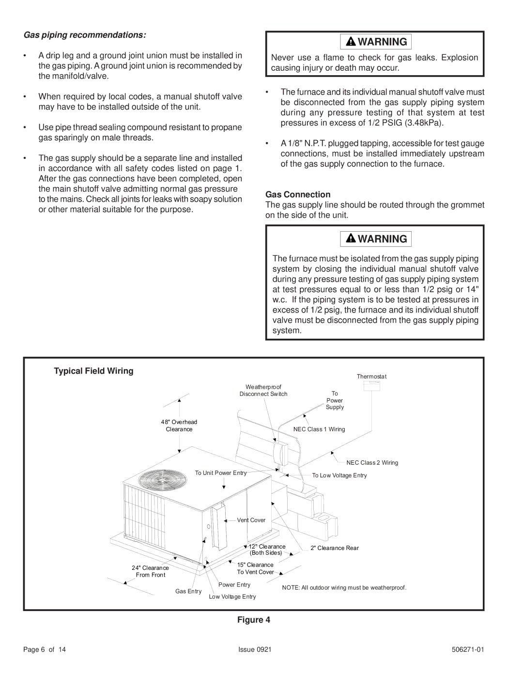 Allied Air Enterprises 506271-01 installation instructions Gas piping recommendations, Gas Connection, Typical Field Wiring 