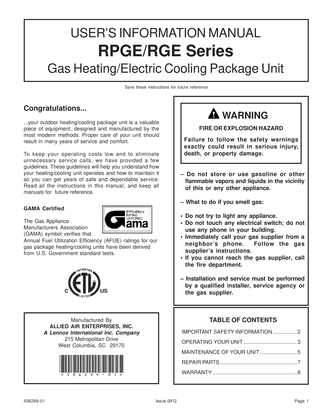 Allied Air Enterprises 506299-01 warranty RPGE/RGE Series, Table of Contents 