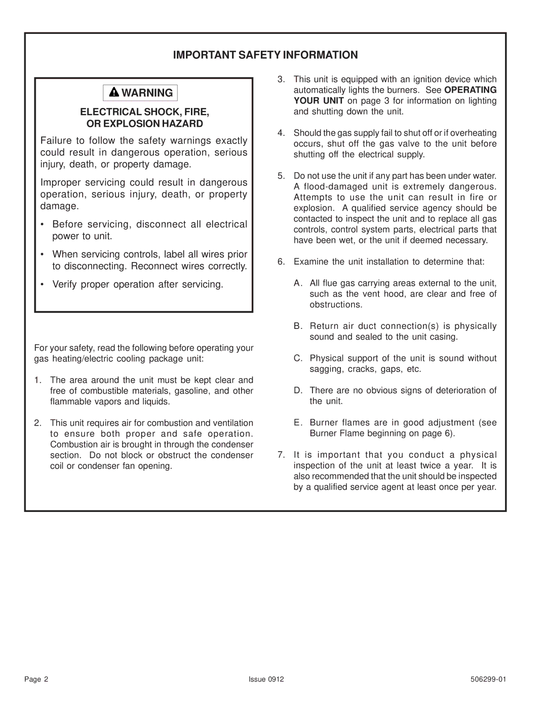 Allied Air Enterprises 506299-01 warranty Important Safety Information, Electrical SHOCK, Fire Or Explosion Hazard 